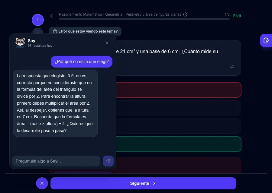 Sayi, la tutora de IA de Ensayati, explica a un estudiante por qué su respuesta fue incorrecta